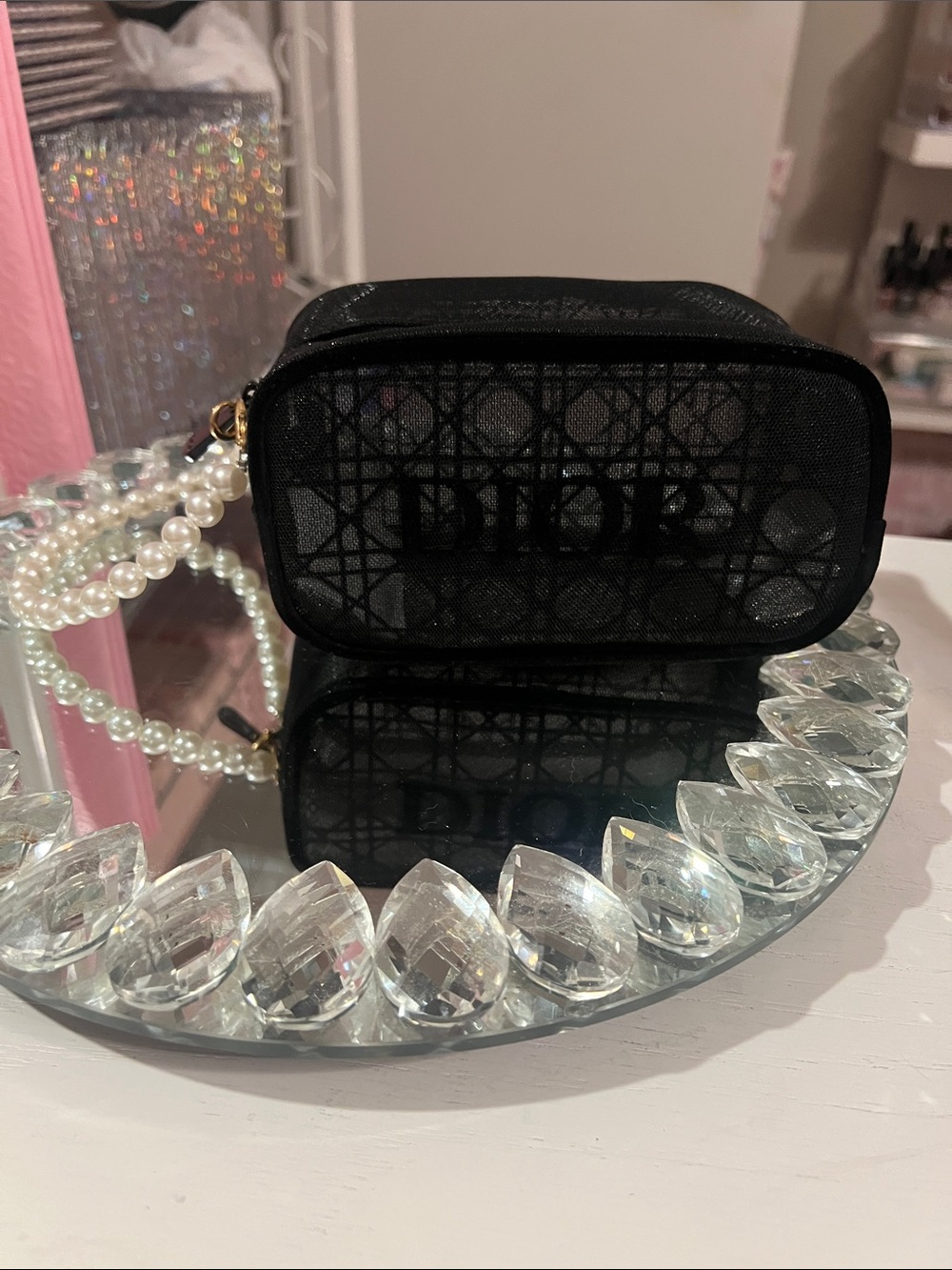 Dior Black Mesh Cosmetic Pouch with Pearl Strap - Picture 5 of 5